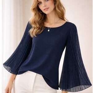 MM Couture Pleated Flare Sleeve Top size Medium Navy Blue Chiffon Plisse Y2K